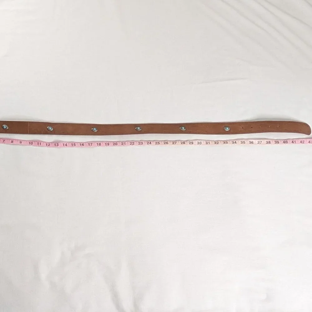 VTG Brown Tan Faux Tooled Leather Teal Silver Gem Silver Buckle Western Belt - Picture 3 of 4